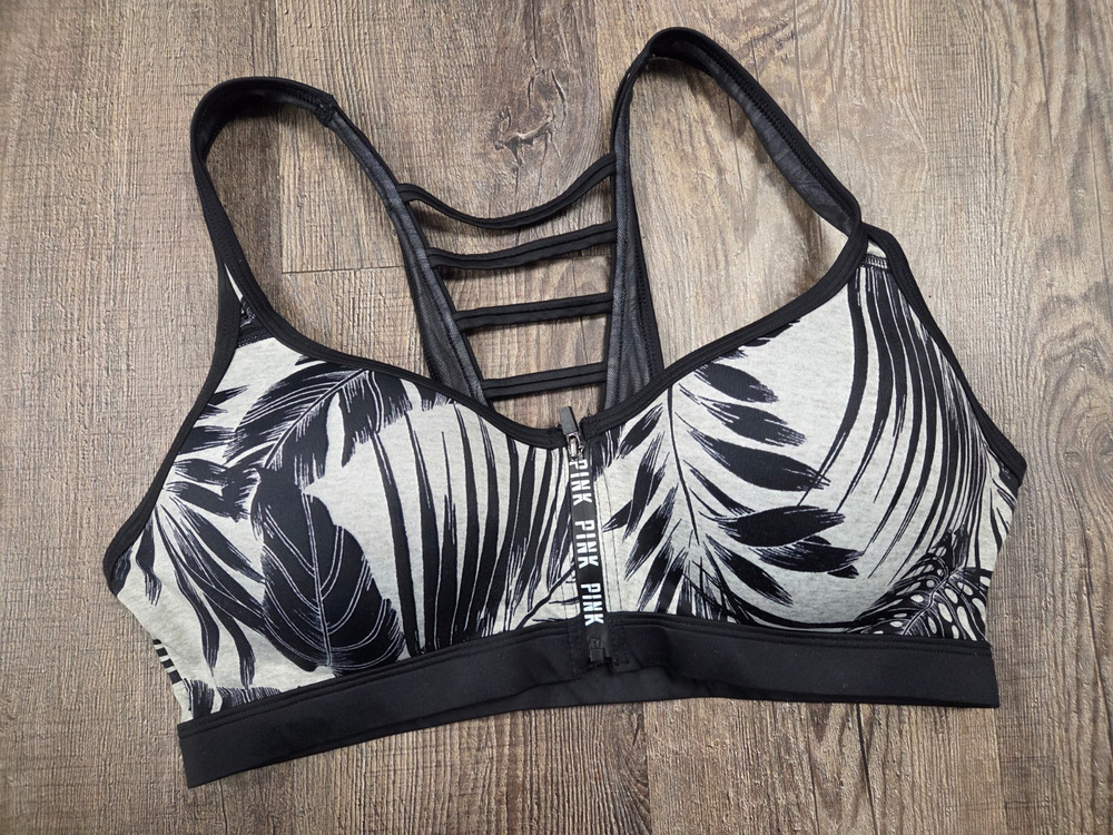 PINK Victoria's Secret Ultimate Push-Up Front-Zip Sports Bra Gray Black Palm L